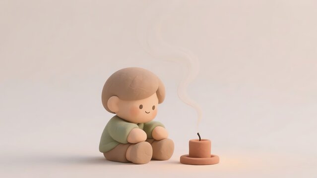 Cute clay child sitting beside a candle with smoke trailing after being blown out, concept of making a wish, reflection and quiet hope