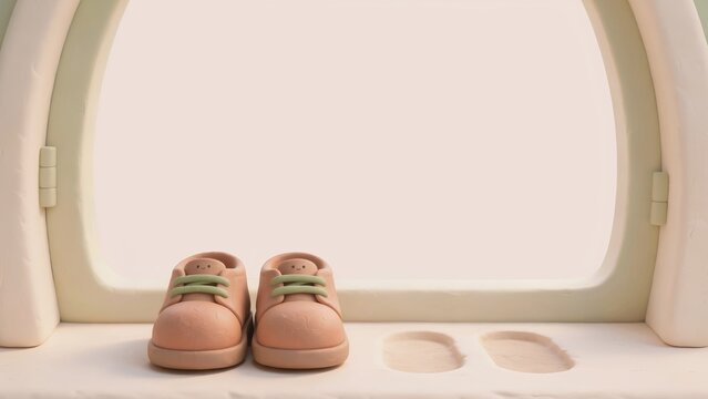 Cute clay children's shoes with smiling faces standing in an open doorway with bare footprints leading away, concept of leaving home, growing up and first steps into the world