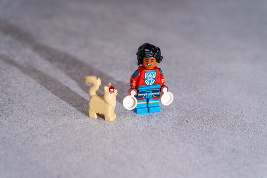 Lego Spider-Man India Minifigure with Spider-Cat Toy Bricks Set. Kyiv, Ukraine - January 8, 2026