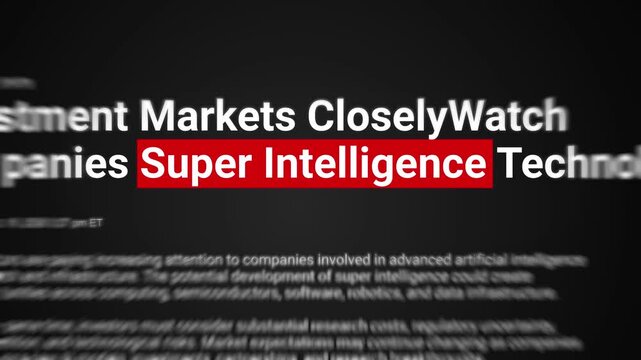 Super intelligence highlighted text in headline on black background. Artificial super intelligence, machine learning, future technology, ai innovation, tech news. 4k video footage
