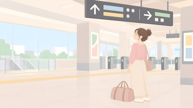 Woman Checking Direction Signs at Train Station Concourse to Avoid Getting Lost