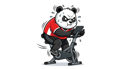 Cartoon panda bear character working out intensely on a stationary exercise bike. © Timen