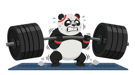 Cartoon panda lifting heavy barbell with intense expression during intense gym workout session. © Timen