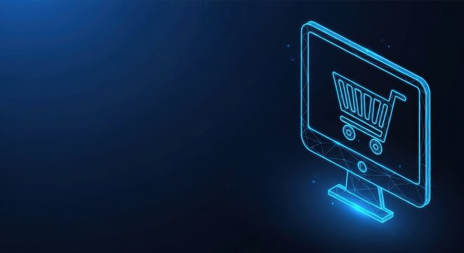 Digital Shopping Cart Icon on a Computer Screen Representing Online Ecommerce and Internet Commerce