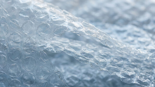 Close-up image of transparent bubble wrap showing air-filled bubbles with a soft, textured background.