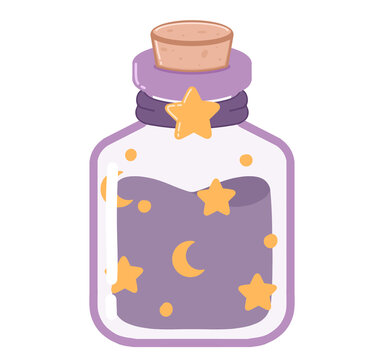 Cute Halloween magic potion bottle filled with purple liquid, decorated with stars and crescent moons, pastel kawaii flat illustration