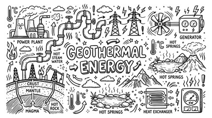 Fototapeta premium Geothermal Energy Hand Drawn Doodle Illustration