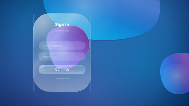 Abstract blue glassmorphism login form in frosted glass for mobile app and landing page.