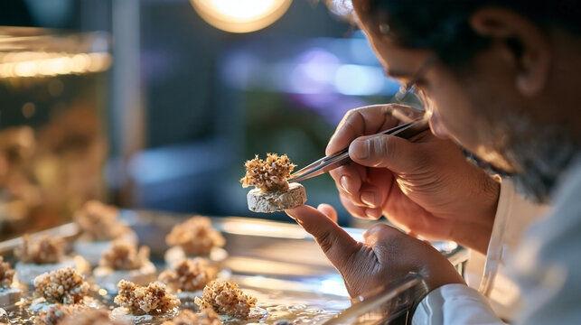 Adult researcher mounts a small coral fragment with forceps