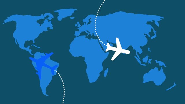 Stylized flat world map with two airplanes and dotted flight paths simple travel/transport concept animation