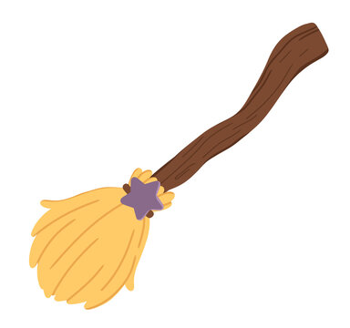 Cute Halloween witch broomstick with a wooden handle, golden bristles and purple star decoration, simple flat vector illustration, isolated on transparant background