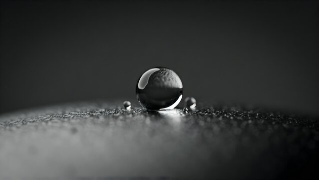 Close-up of a single droplet atop a surface with tiny water beads in black and white
