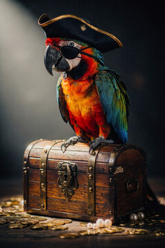 Colorful macaw parrot wearing a pirate hat and eyepatch standing on a treasure