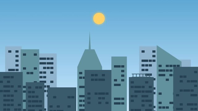 Premium 2D flat vector animation of a city skyline transitioning seamlessly from night to day and back. Features rising and setting of the sun and moon, building lights turning on and off, and shiftin