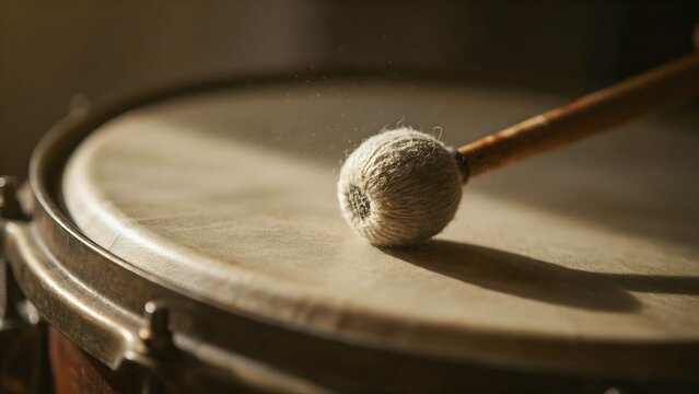 Close-up of a drumstick hitting a traditional drum with a shadow and wood finish