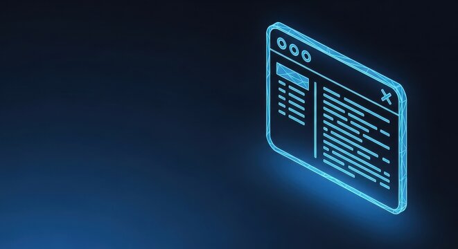 A glowing blue digital browser window with website data and navigation elements, representing online information access and technology