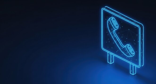 Neon telephone sign glowing brightly on a digital billboard, representing communication and support services