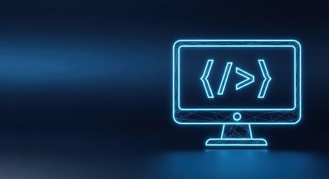 Glowing computer screen displaying code symbol with digital network abstract background, representing technology and programming development.
