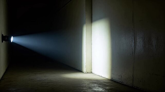 Dark interior corner with strong light beam and shadows