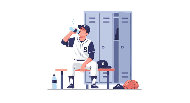 Flat minimal vector illustration of a baseball player drinking water in a locker room after training. A tired athlete resting on a bench with sports equipment.