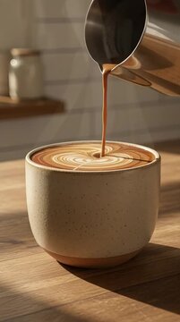 Close-up slow-motion video of rich hot coffee pouring smoothly from a stainless steel pitcher into a rustic ceramic cup on a wooden table