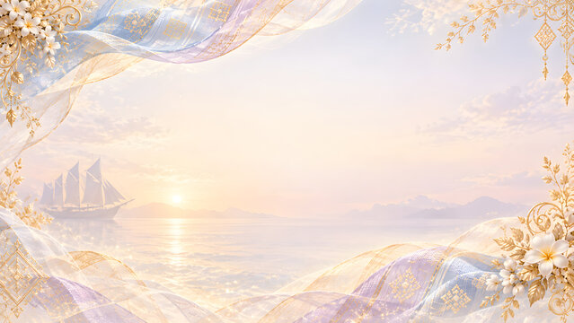 Luxury Bugis Makassar Wedding Invitation Background with Translucent Silk and Pinisi Boat, Vertical 9:16