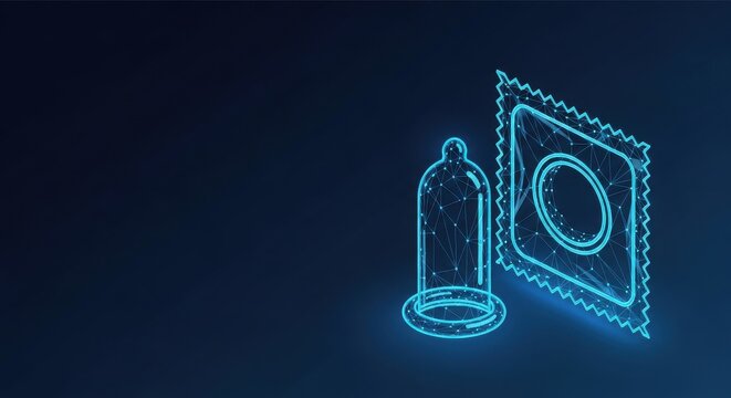 Digital Wireframe Condom and Packaging Symbol Illustrating Sexual Health and Protection