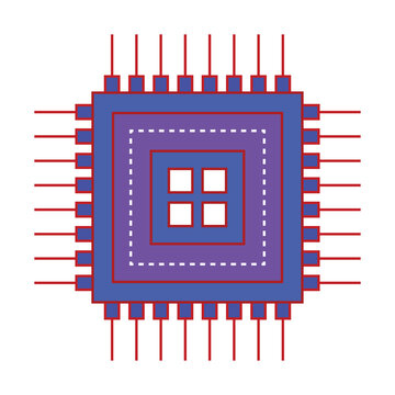 Flat vector illustration of a square microchip with a central grid processor and connection pins. Ideal for artificial intelligence technology, semiconductor hardware, processor design, 