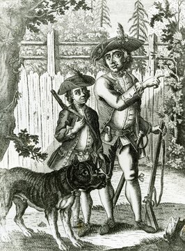 Bavarian Hiasl, robber and poacher Matthias Klostermayr,1736-1771, with Tyras boy and Great Dane, engraving after 1771