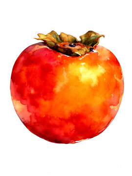 Persimmon fruit with calyx in expressive autumn watercolor