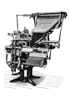Printers, Linotype typesetting machine from Mergenthaler Setzmaschinenfabrik, Germany, digitally restored reproduction of an original from the 19th century