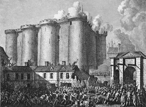 Storming of the Bastille on 14 July 1789 is considered one of the significant events at the beginning of the French Revolution. The Bastille, symbol of the oppression by the Ancien R&eacute;gime, was surrounded by a crowd and finally taken, France, Historical, digitally restored reproduction from a 19th century original, exact date unknown