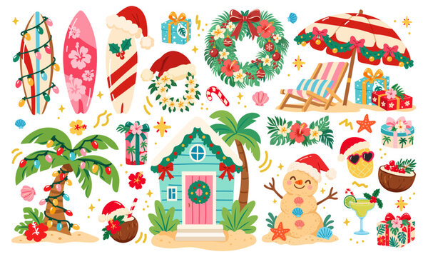 Colorful tropical Christmas collection with palm tree, surfboards, beach house, wreath, gifts, sand snowman and festive decor. Fun summer holiday set for coastal designs