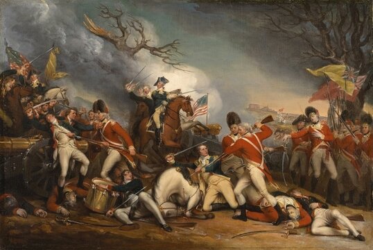 The death of General Mercer at the Battle of Princeton on 3 January 1777, during the American War of Independence, British and Hessian troops under Lieutenant Colonel Charles Mawhood were defeated at Princeton by American Continental Army troops under General George Washington after a surprise attack, Historical, digitally restored reproduction from an original of the period