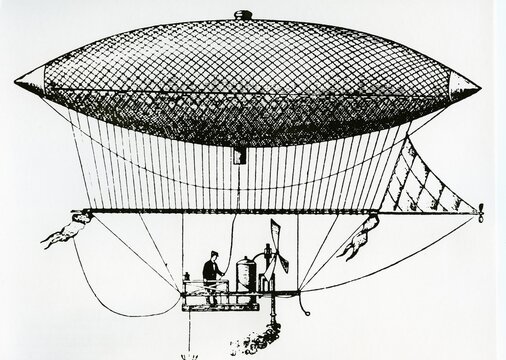 Steerable steam zeppelin built by Henri Giffard, 1852 in Paris, first passenger flight in the world