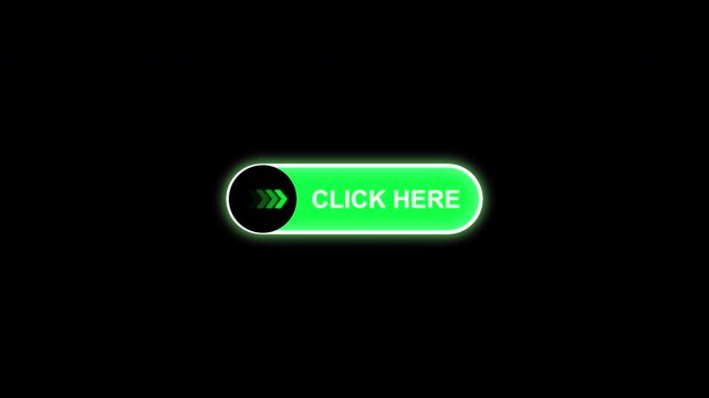 Click here green neon buttons set on black background. 4K Video.