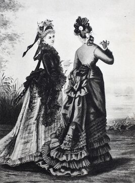Woman, digitally restored reproduction of an original from the wearing a cul de Paris or bustle, a type of frame used to increase the fullness of the back of a woman's dress or to support the drape, especially in mid to late 19th century France and Germany