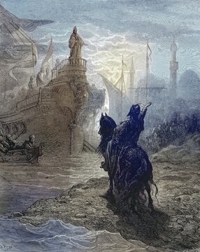 Murzuflos negotiating with Dandolo, Alexios V. Dukas Murtzuphlos, Byzantine Emperor from 5 February 1204 to 13 April 1204, Fourth Crusade, Crusades were wars sanctioned by the Latin Church, strategically, religiously and economically motivated between 1095-99 and the 13th century, Historic, digitally restored reproduction of a 19th century original, exact original date not known