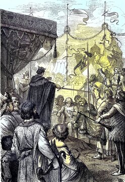 Ritterschlag, der Ritterschlag, der zentrale Akt der rituellen Verleihung der Ritterw&uuml;rde im Mittelalter, Reproduktion eines Holzschnitts aus dem Jahr 1880, digital verbessert, The accolade, dubbing or adoubement, the central act in the rite of passage ceremonies conferring knighthood in the Middle Ages, reproduction of a woodcut from the year 1880, digital improved