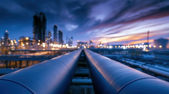 Large industrial pipelines extend towards a chemical plant or oil refinery under a dramatic dusk sky. This depicts global energy infrastructure and supply.