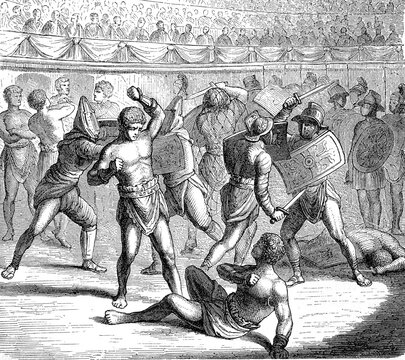 Various gladiators fighting in the circus, Rome, Italy, the history of ancient Rome, Roman Empire, digitally restored reproduction from a 19th century original