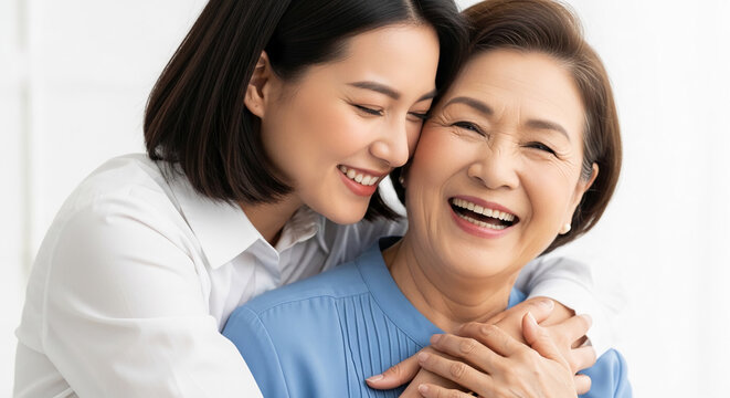 Two Asian women, one younger, one older, embracing and laughing, representing family connection, intergenerational love, and happiness