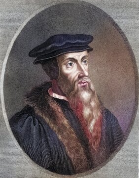 John Cauvin or Calvin 1509-1564, French Protestant theologian and developer of Calvinism. From the book Gallery of Portraits, published in 1833, Historical, digitally restored reproduction from a 19th century original, Record date not stated