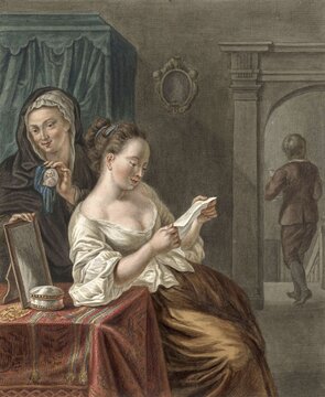 The Letter Reader, Young Woman Reading a Love Letter Delivered to Her by a Messenger, 1795, Painting by Abraham Delfos, Historic, digitally restored reproduction from a 19th century original