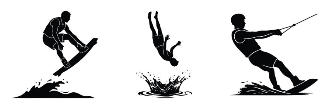 Wakeboarding and water jump silhouette set, person jumping with wakeboard over water splash, person diving into water, wakeboarder holding rope riding wave vector collection