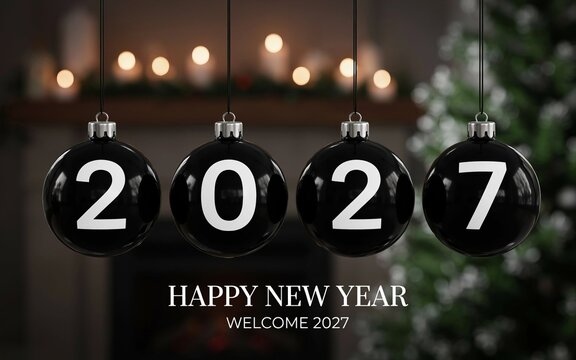 Four black christmas baubles with white numbers 2027 hanging in front of blurred festive lights and a christmas tree