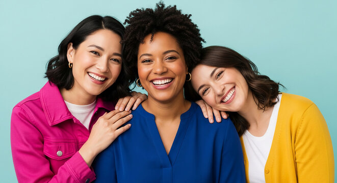 Three diverse women smiling, showcasing friendship, diversity, and joy, with vibrant clothing against a light blue background, representing positive relationships and unity