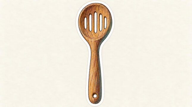 Slotted spoon head displays five aligned slots above long handle. Food kitchenware concept