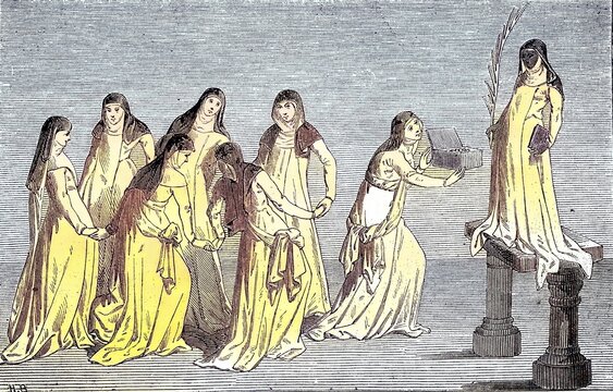 Nuns paying homage, after the manuscript by Liere des Merveilles, Historical, digitally retouched reproduction of a 19th century original