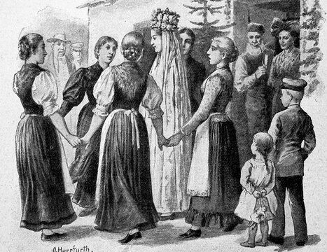 Whitsun Bride in the Thuringian Forest, Germany, Whitsun customs, Historical, digital reproduction of an original 19th century template, original date not known